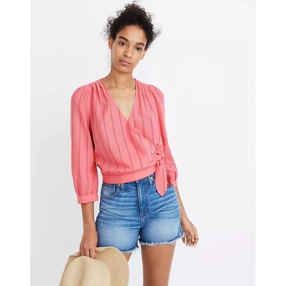 MADEWELL Pink Wrap Top Cecilia Stripe Long Sleeve Blouse Size XXS - Picture 1 of 8